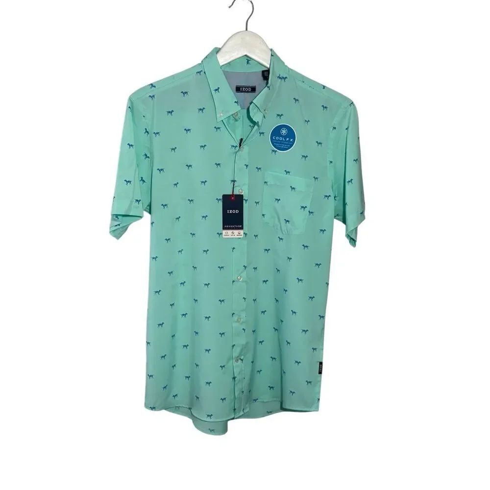 NWT IZOD Performance Cool mint green button down shirt with dog motif - M